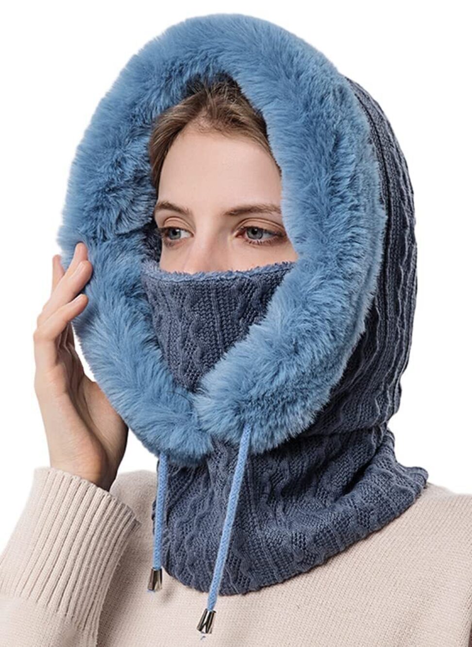8579 One Piece Slouchy Fleece Beanie Hats Scarf Mask Drawstring Warm Hooded